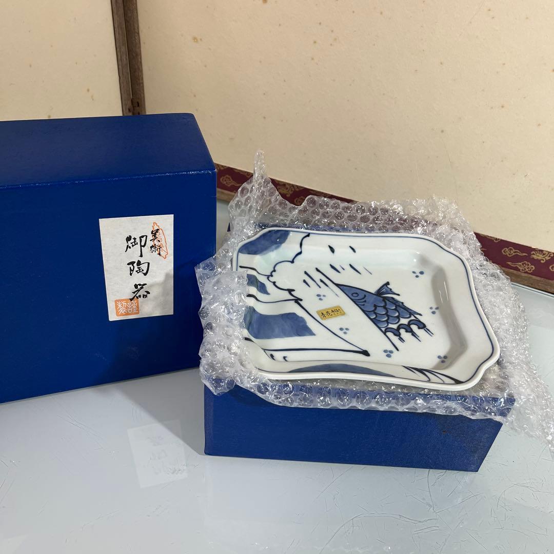 しん窯青花　隅切り方皿5枚　鯉の滝登り