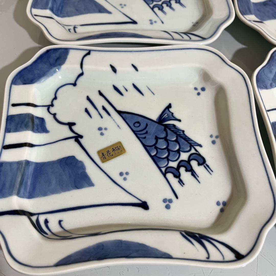 しん窯青花　隅切り方皿5枚　鯉の滝登り