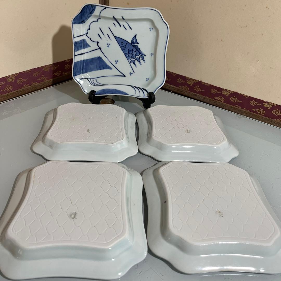 しん窯青花　隅切り方皿5枚　鯉の滝登り