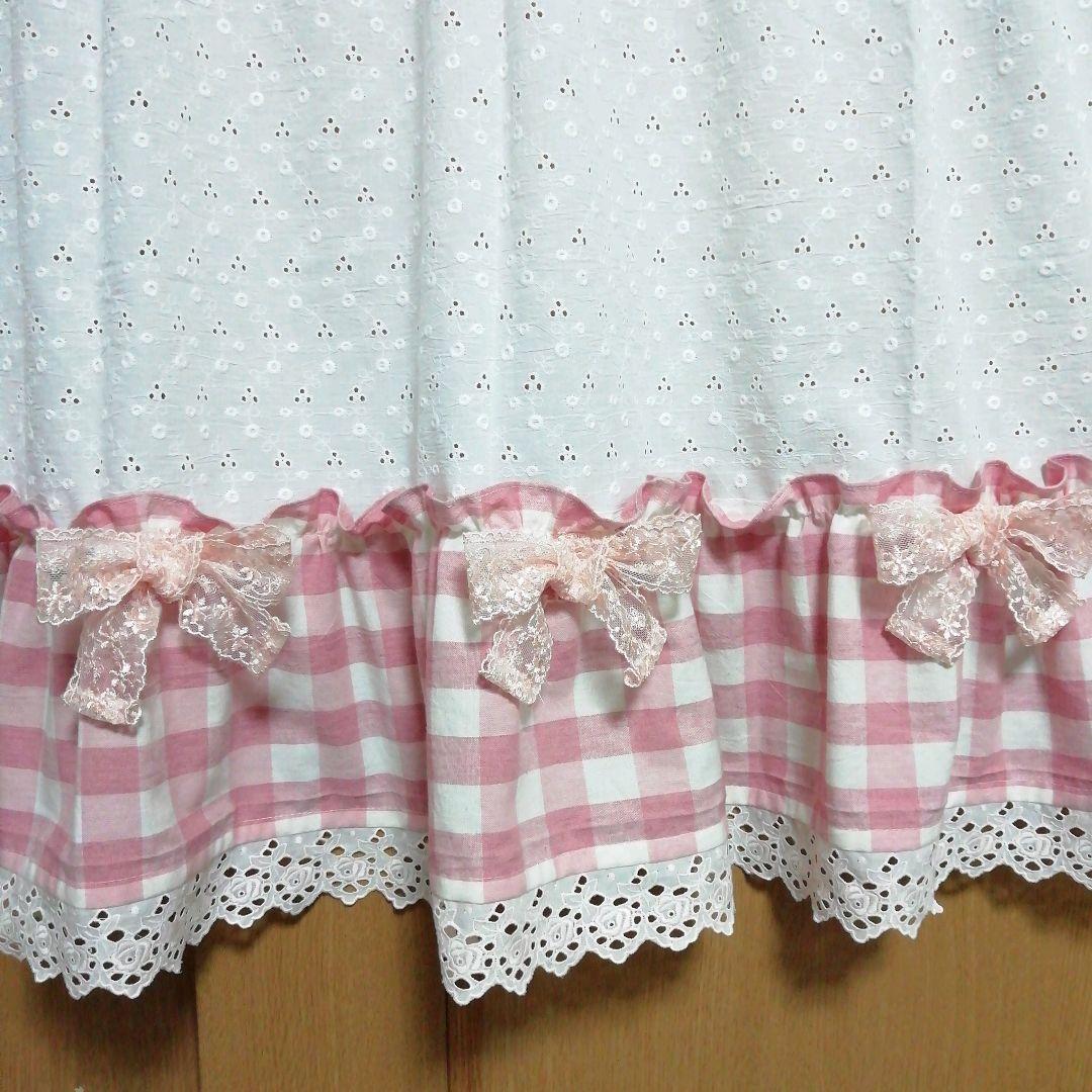 みー様オーダー作品♥チェックのフリルカフェカーテン×2枚♡総レース生地 ピンク