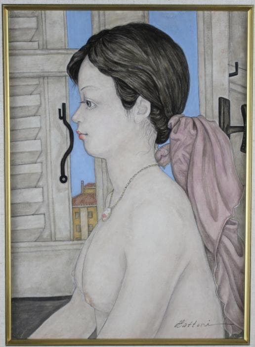 服部和三郎　窓辺の裸婦　油彩画　1980年　F4号　肉筆