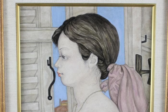 服部和三郎　窓辺の裸婦　油彩画　1980年　F4号　肉筆