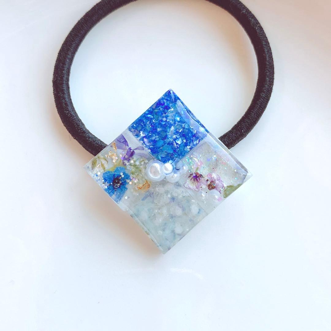 レジンヘアゴム　シェル　紫陽花　青　個性的　お花　パール
