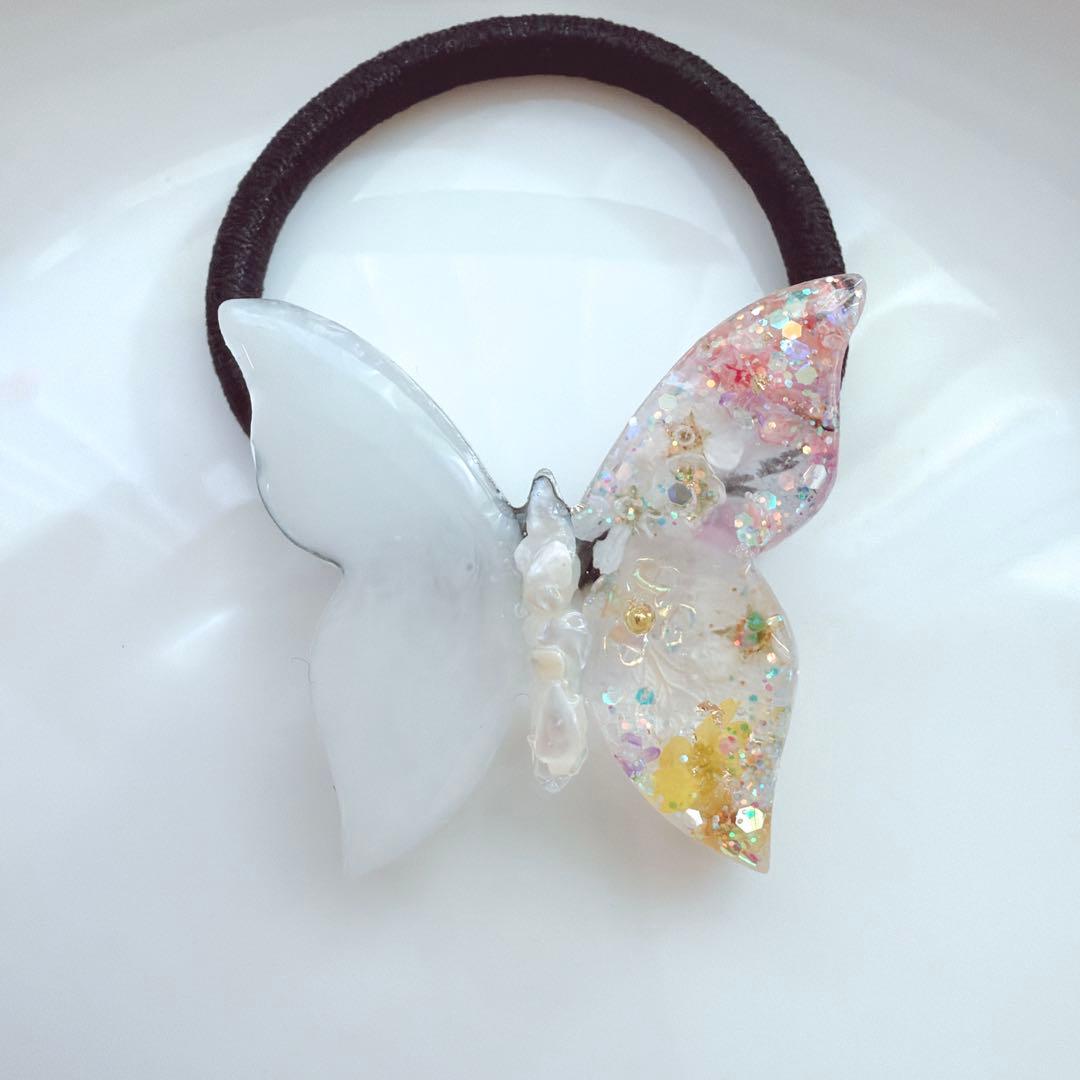 レジンヘアゴム　ちょうちょ　桜　ホワイト　シェル　ミモザ　オーロラフラワー