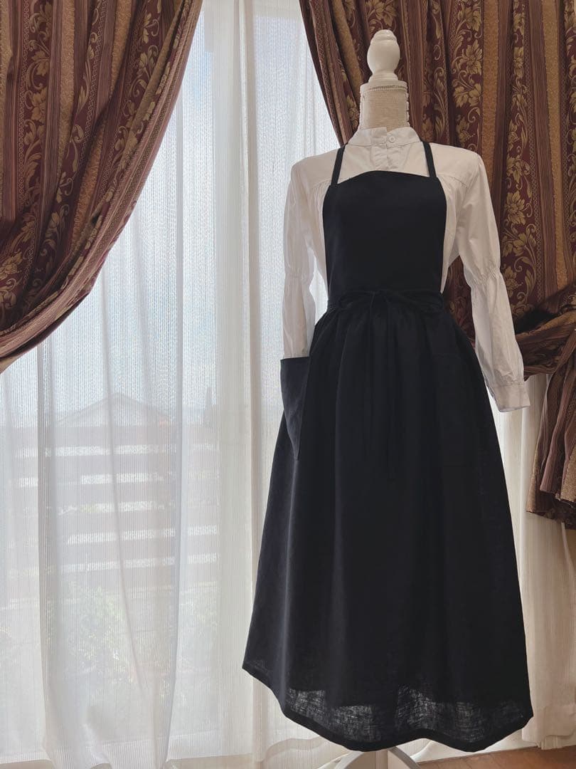 リネン100 2wayギャザーエプロン ダークネイビー