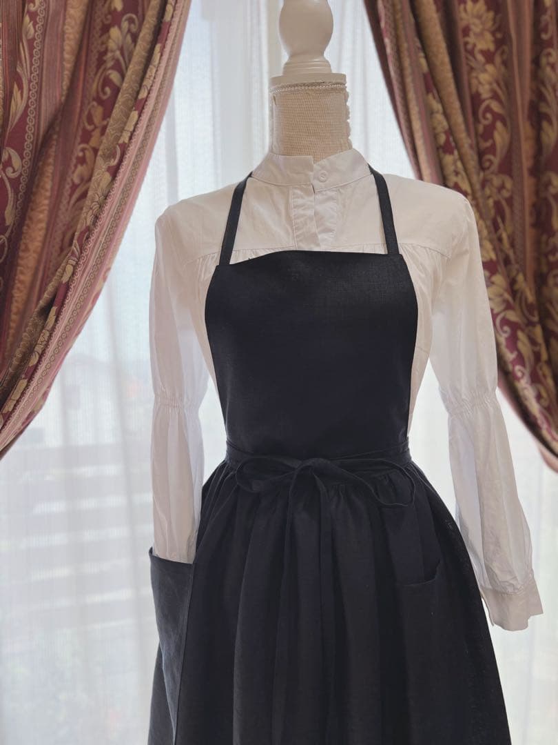 リネン100 2wayギャザーエプロン ダークネイビー