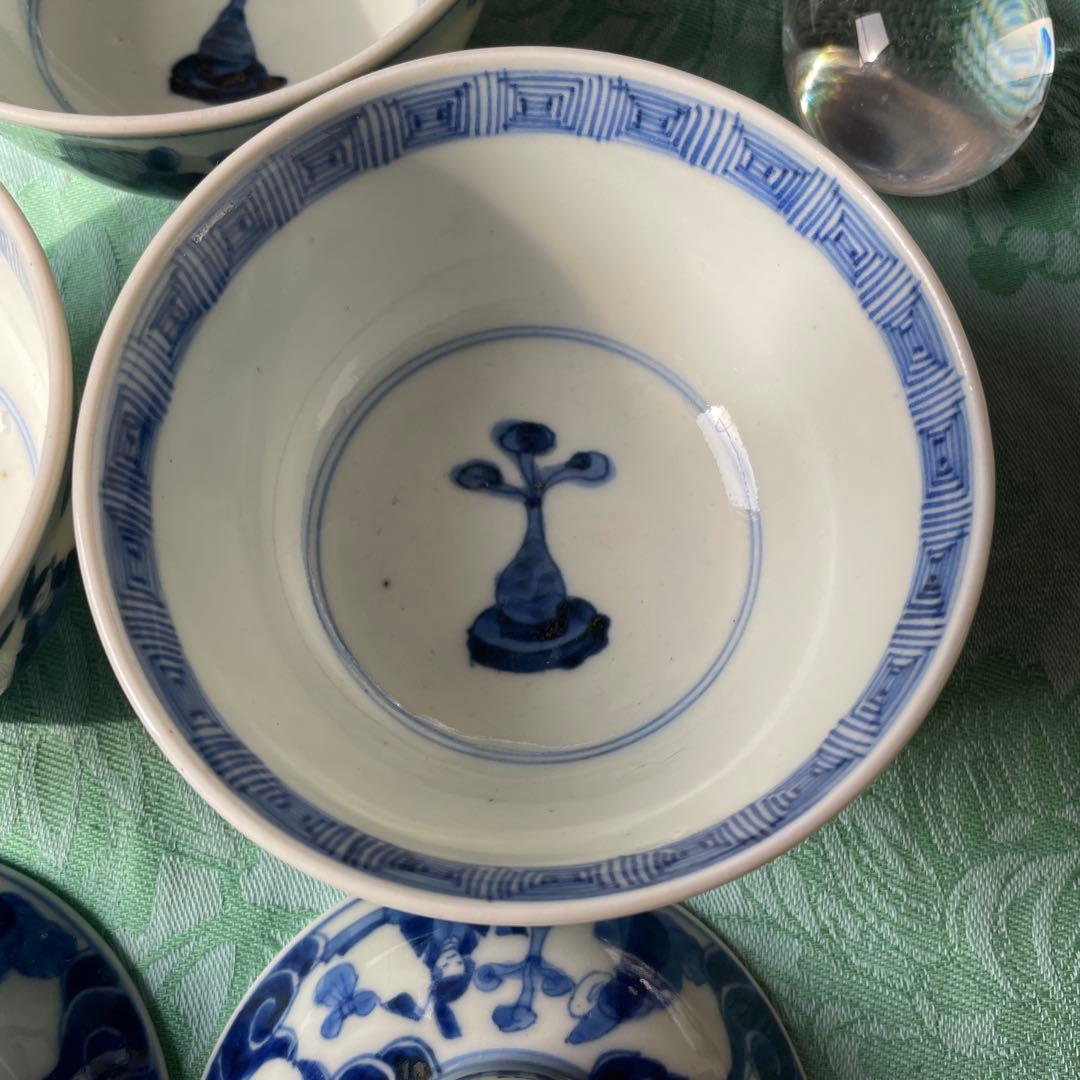 古伊万里　染付　瑞雲　蓋付ご飯茶碗　3客