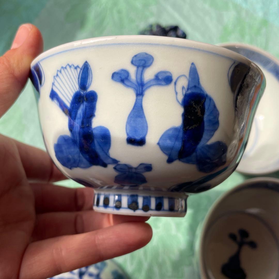 古伊万里　染付　瑞雲　蓋付ご飯茶碗　3客