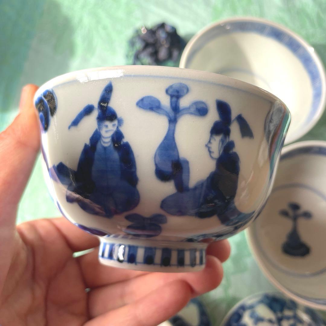 古伊万里　染付　瑞雲　蓋付ご飯茶碗　3客