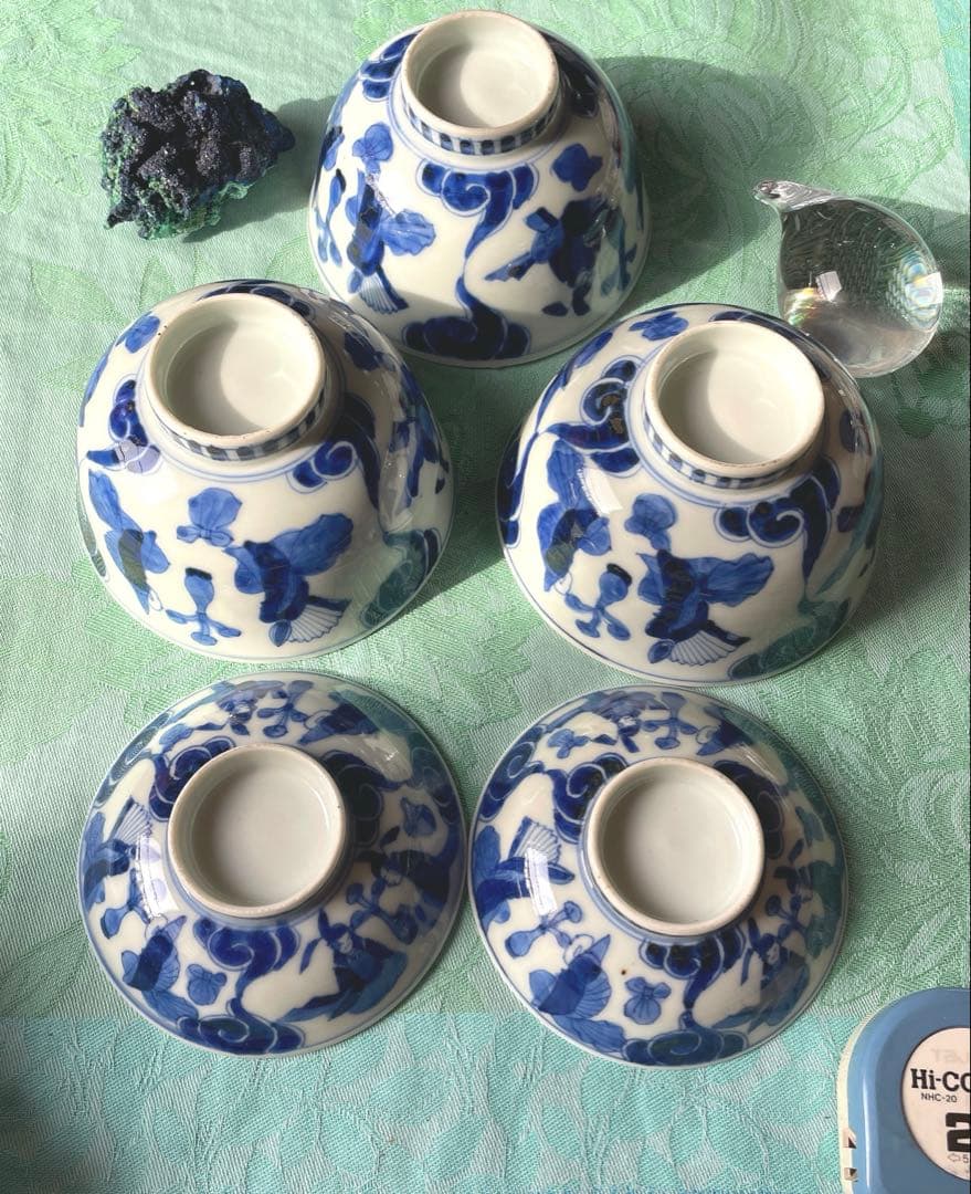 古伊万里　染付　瑞雲　蓋付ご飯茶碗　3客