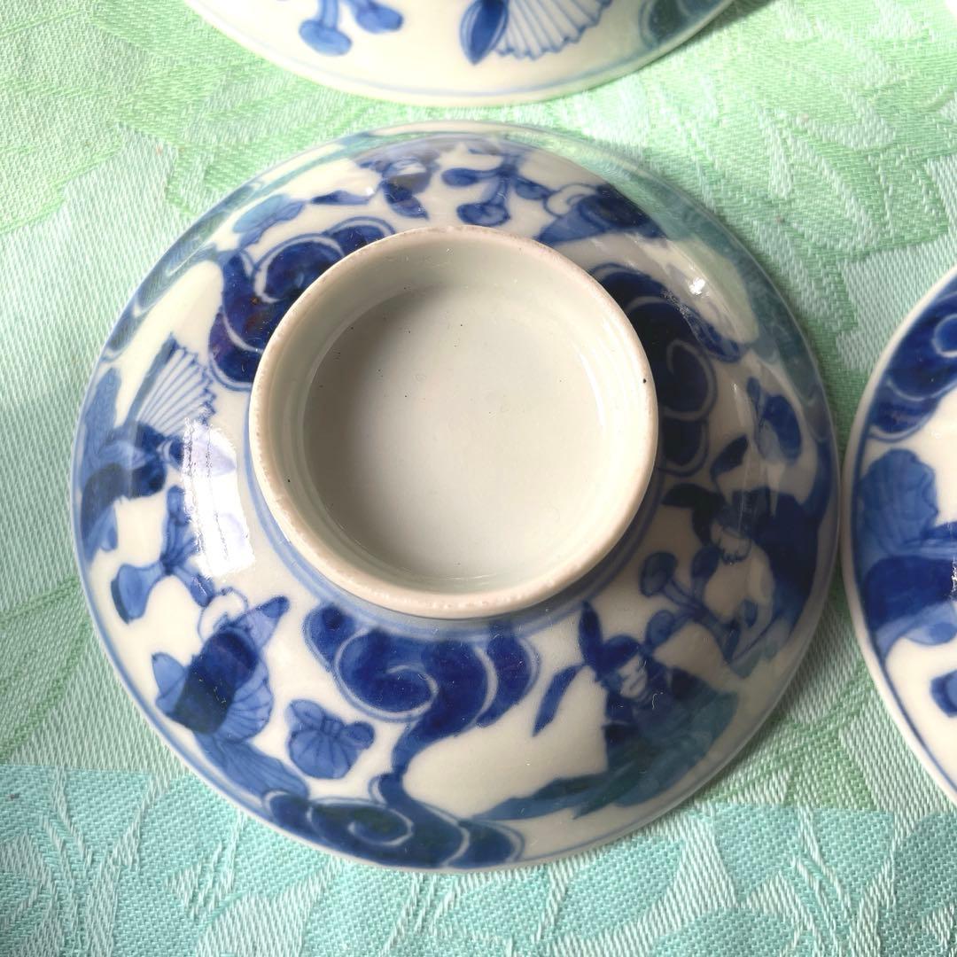 古伊万里　染付　瑞雲　蓋付ご飯茶碗　3客