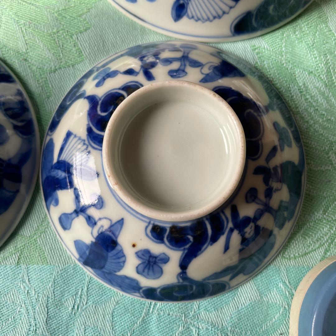 古伊万里　染付　瑞雲　蓋付ご飯茶碗　3客