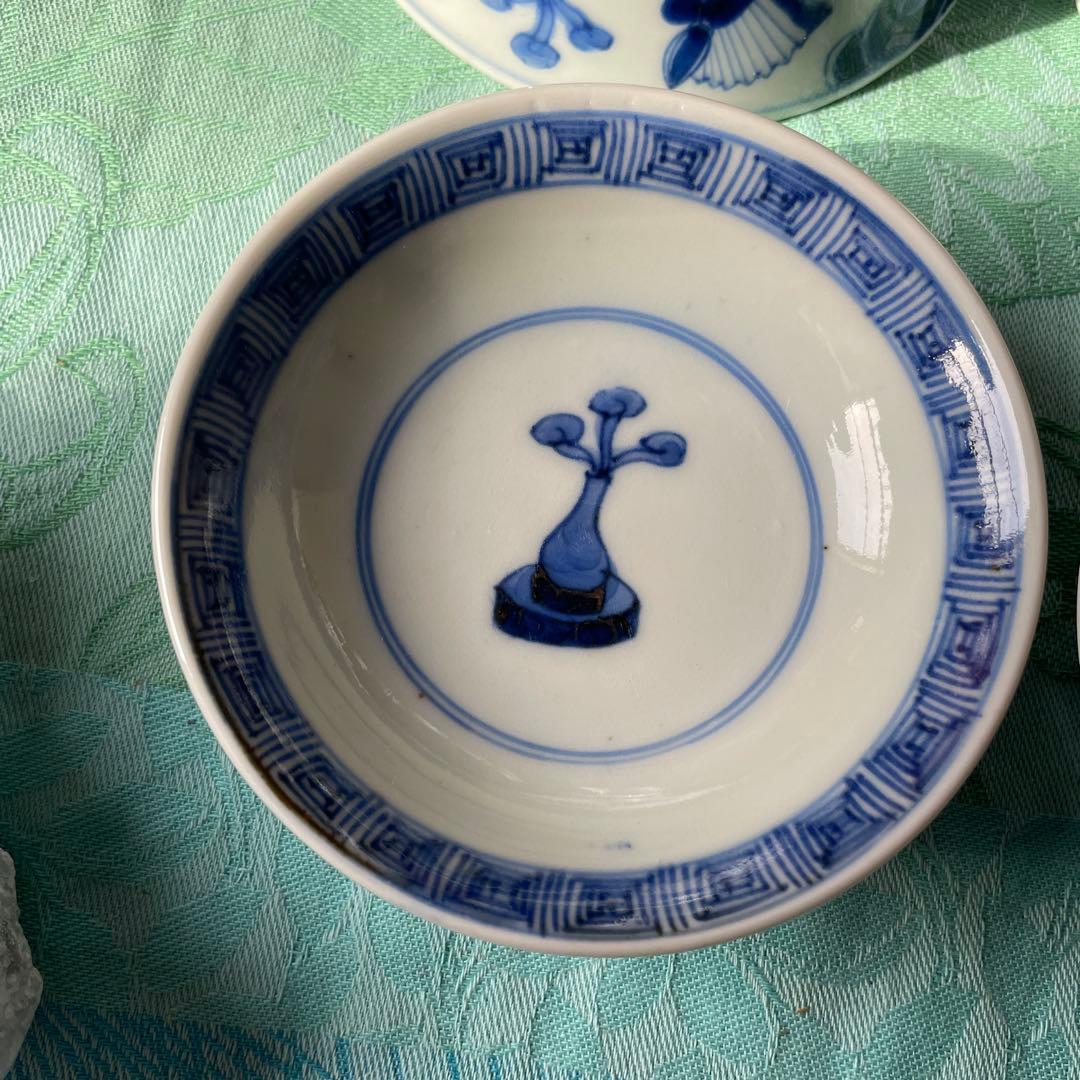 古伊万里　染付　瑞雲　蓋付ご飯茶碗　3客