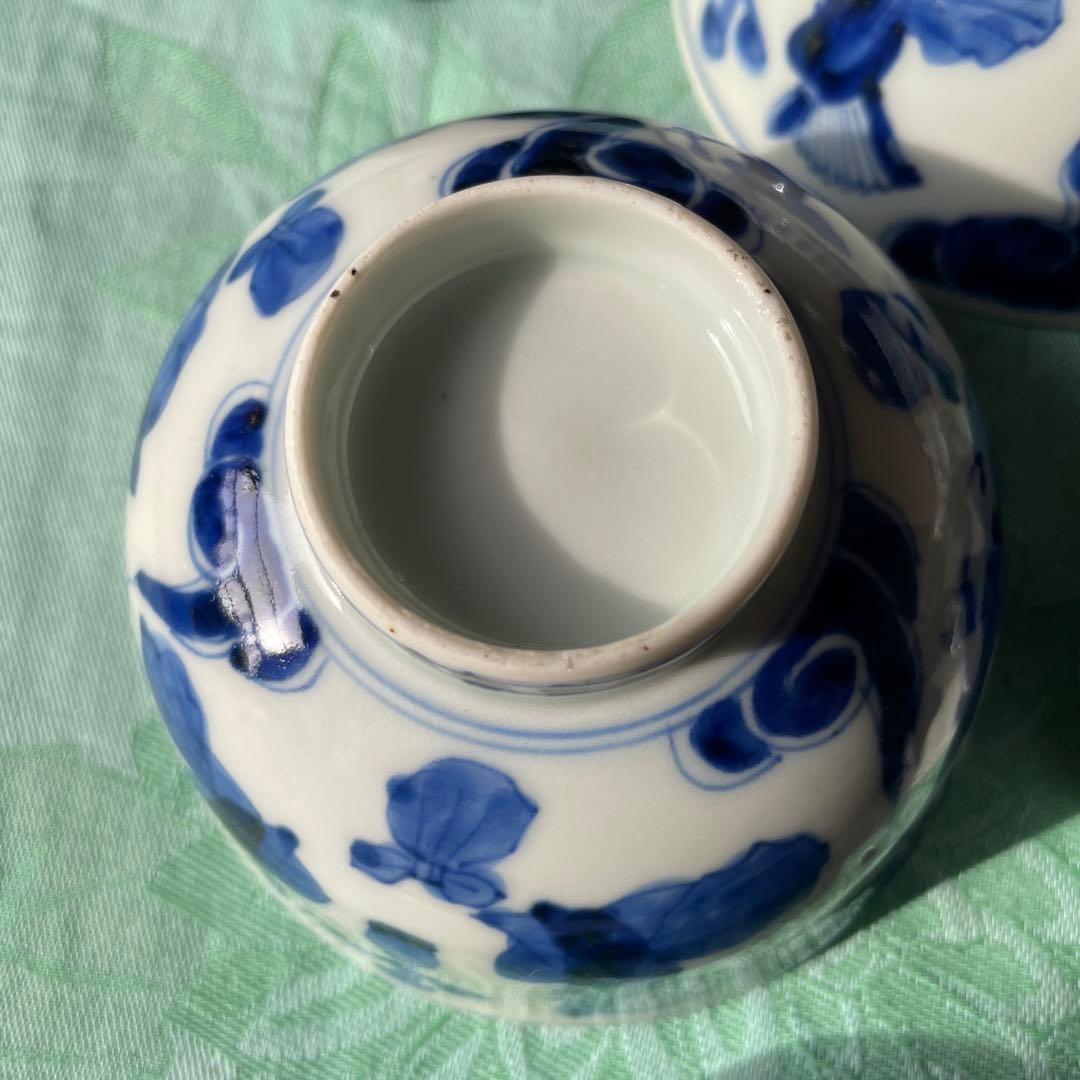 古伊万里　染付　瑞雲　蓋付ご飯茶碗　3客