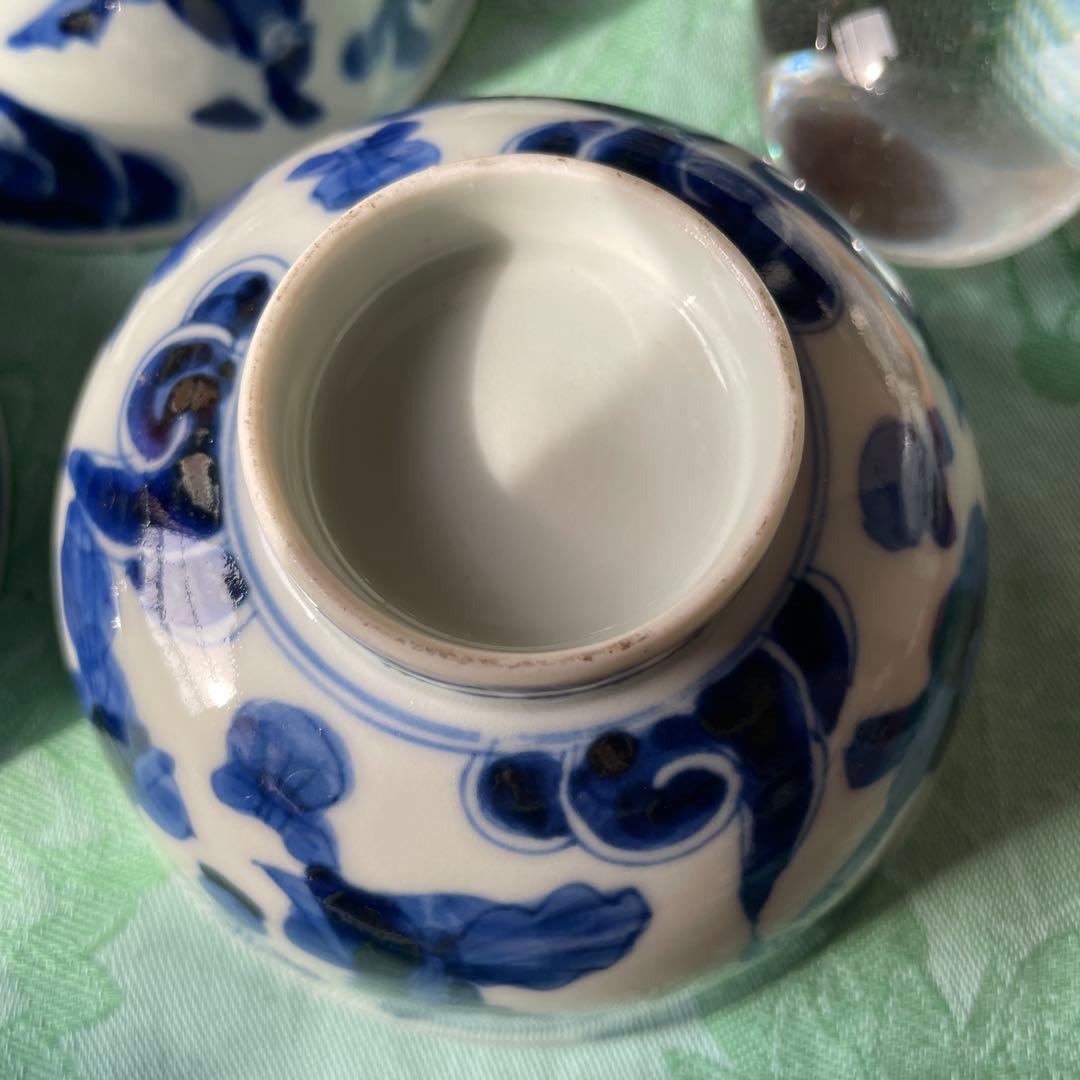 古伊万里　染付　瑞雲　蓋付ご飯茶碗　3客