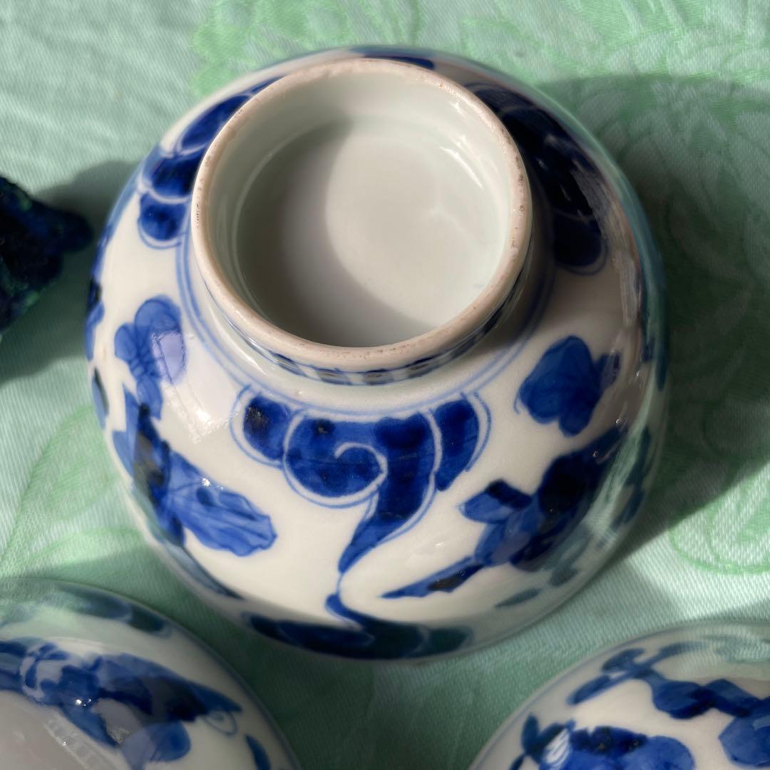 古伊万里　染付　瑞雲　蓋付ご飯茶碗　3客