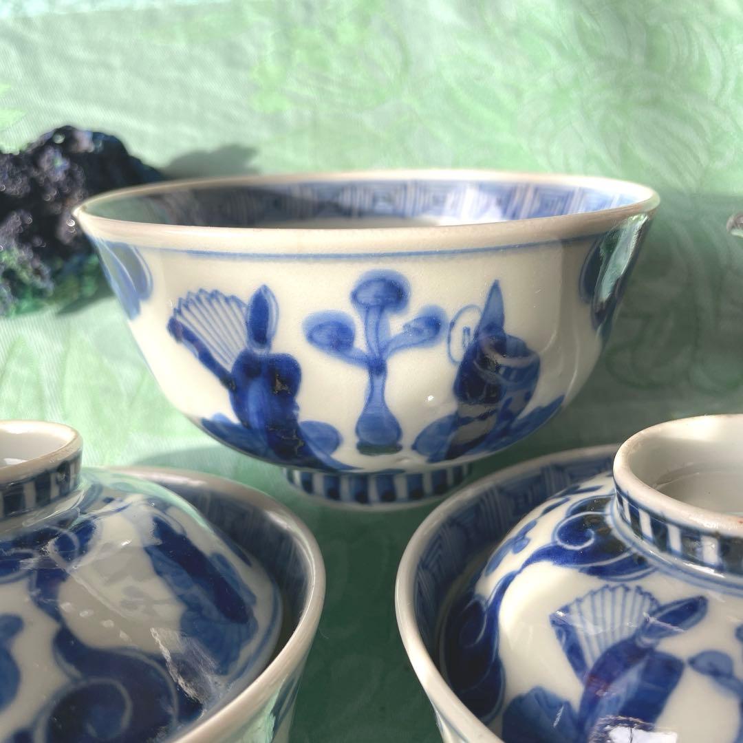古伊万里　染付　瑞雲　蓋付ご飯茶碗　3客