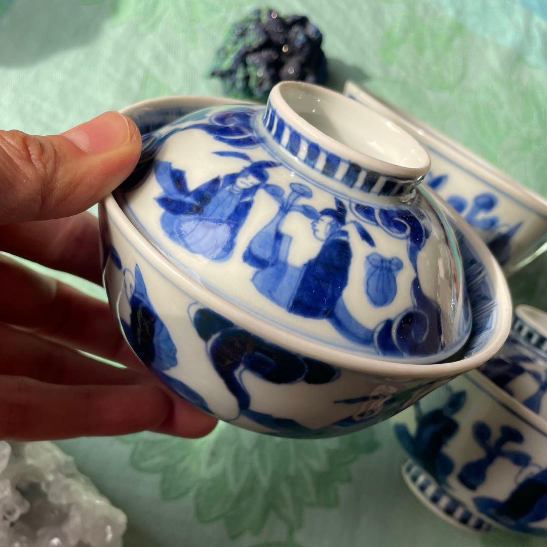 古伊万里　染付　瑞雲　蓋付ご飯茶碗　3客