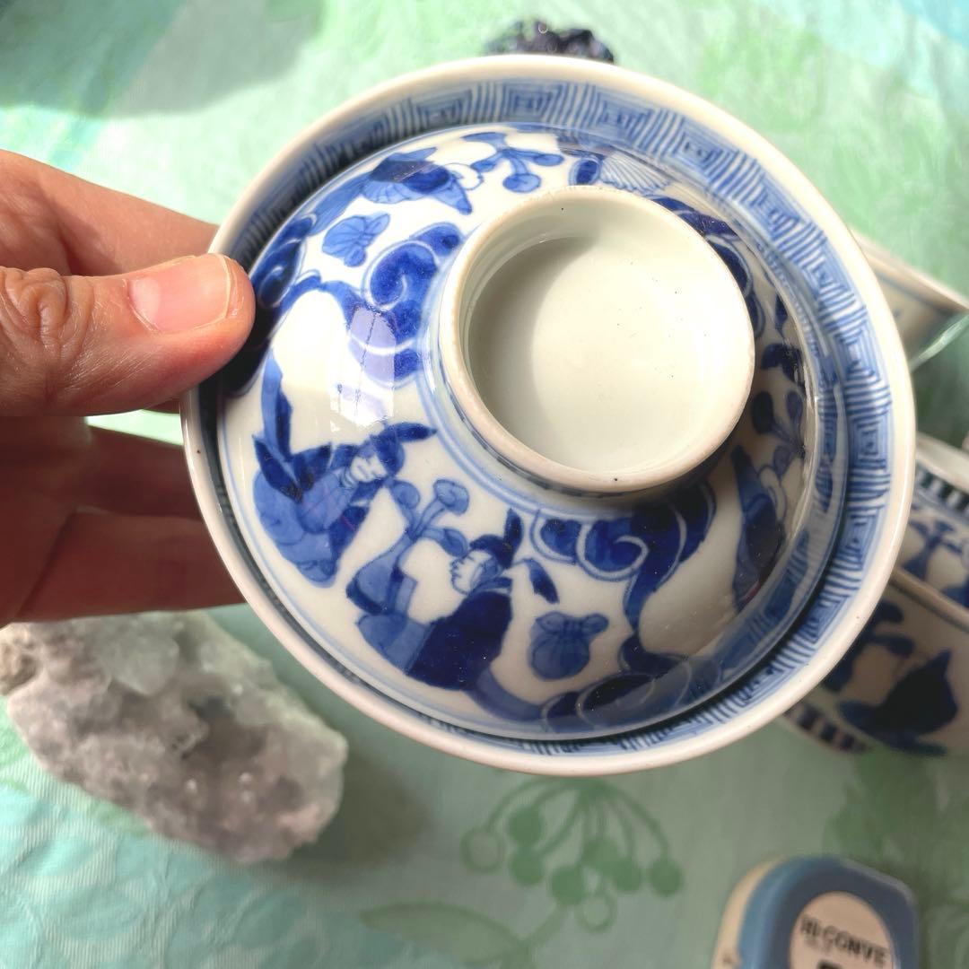 古伊万里　染付　瑞雲　蓋付ご飯茶碗　3客