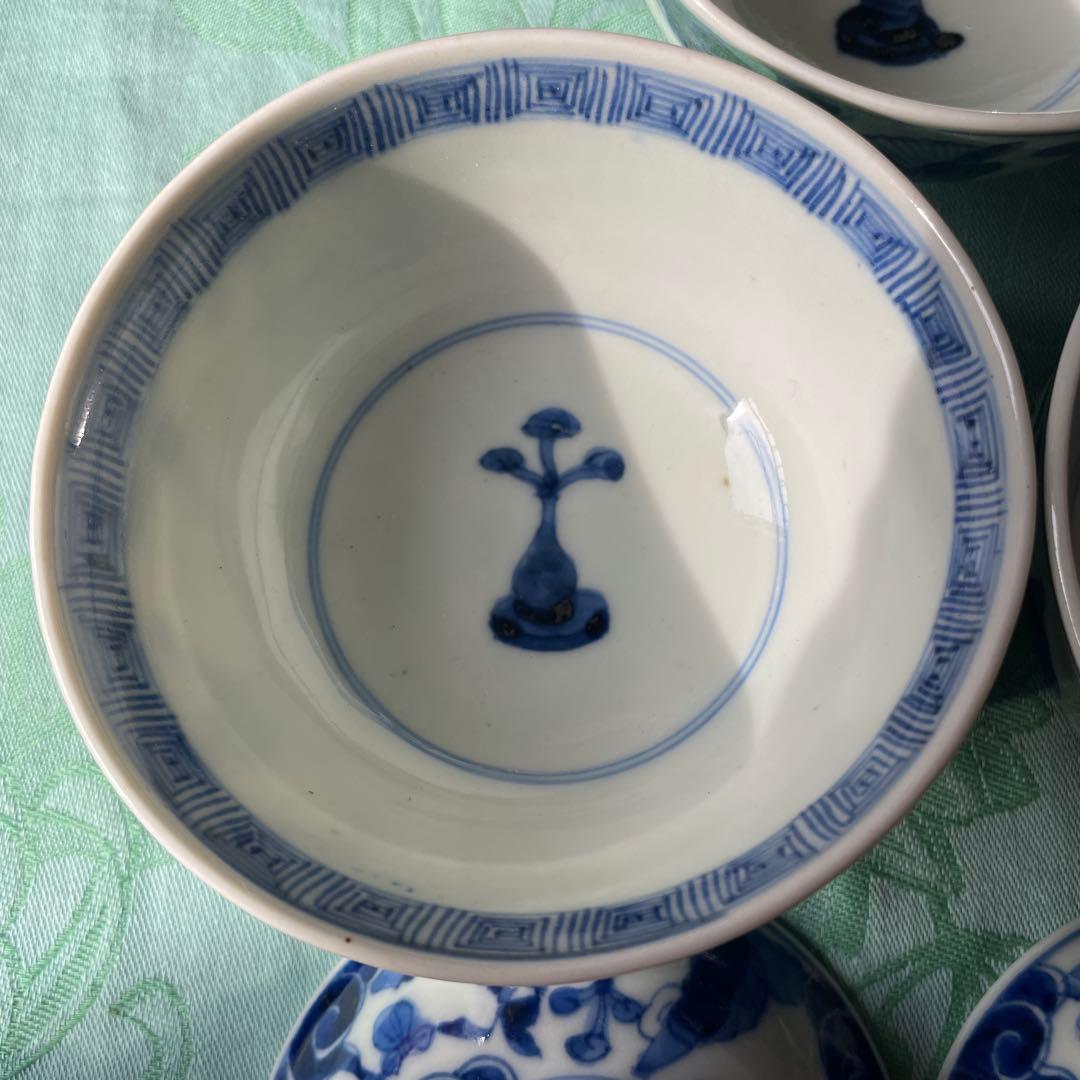 古伊万里　染付　瑞雲　蓋付ご飯茶碗　3客