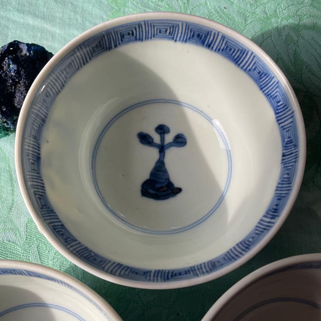 古伊万里　染付　瑞雲　蓋付ご飯茶碗　3客