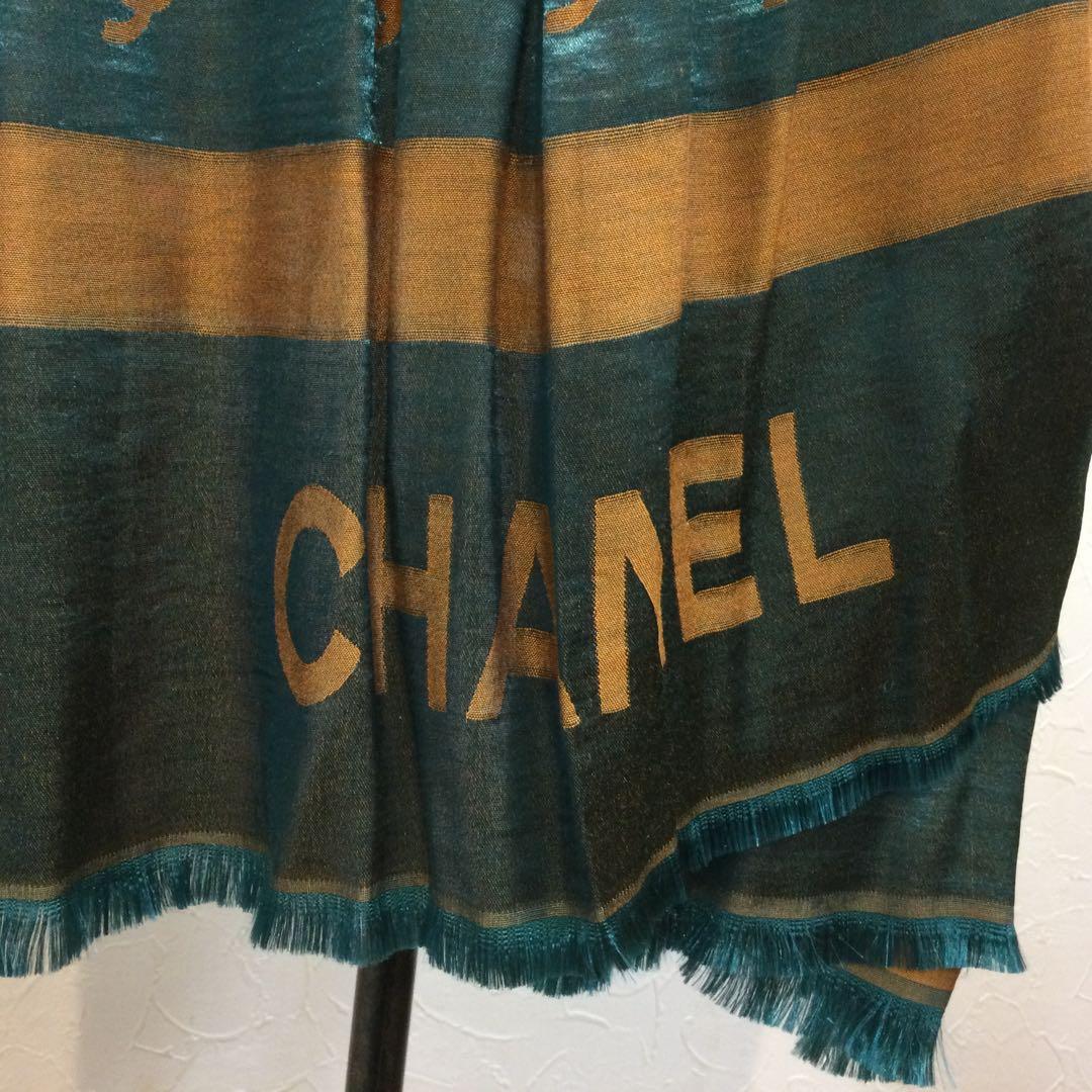 Chanel ロゴ ストール ノベルティグリーン×ゴールド185cm×75cm