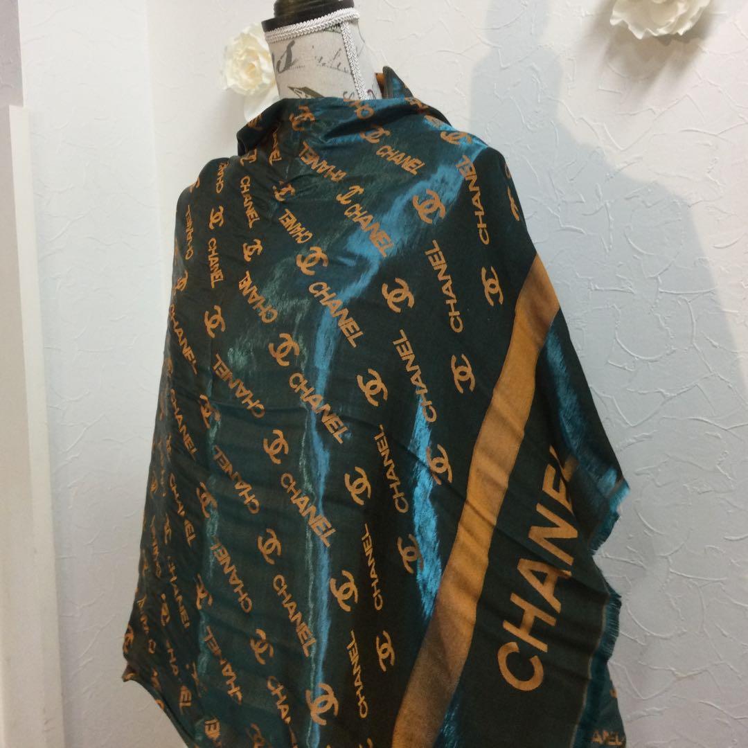 Chanel ロゴ ストール ノベルティグリーン×ゴールド185cm×75cm