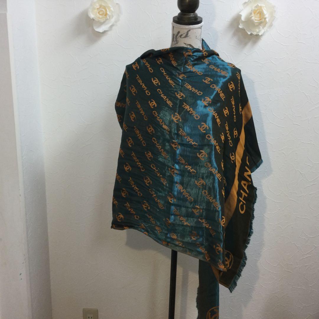Chanel ロゴ ストール ノベルティグリーン×ゴールド185cm×75cm