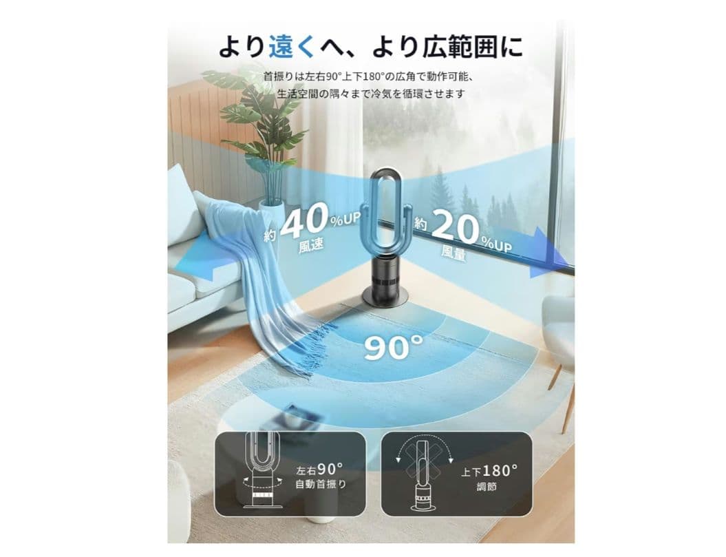 タワーファン 扇風機 羽なし 冷風 温風 強力 DCモーター13段階切り替え