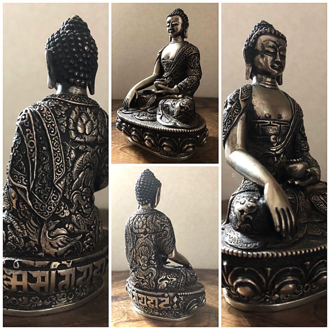 仏教美術 中国 チベット 古白銅 龍鳳凰獅子刻 仏像