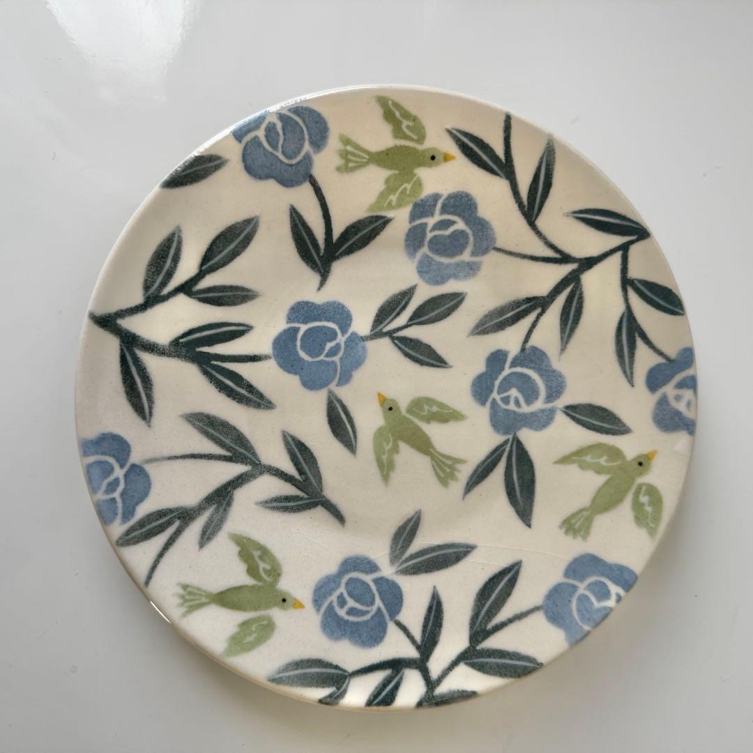 文鳥舎　青いお花と小鳥　18㎝　お皿　プレート