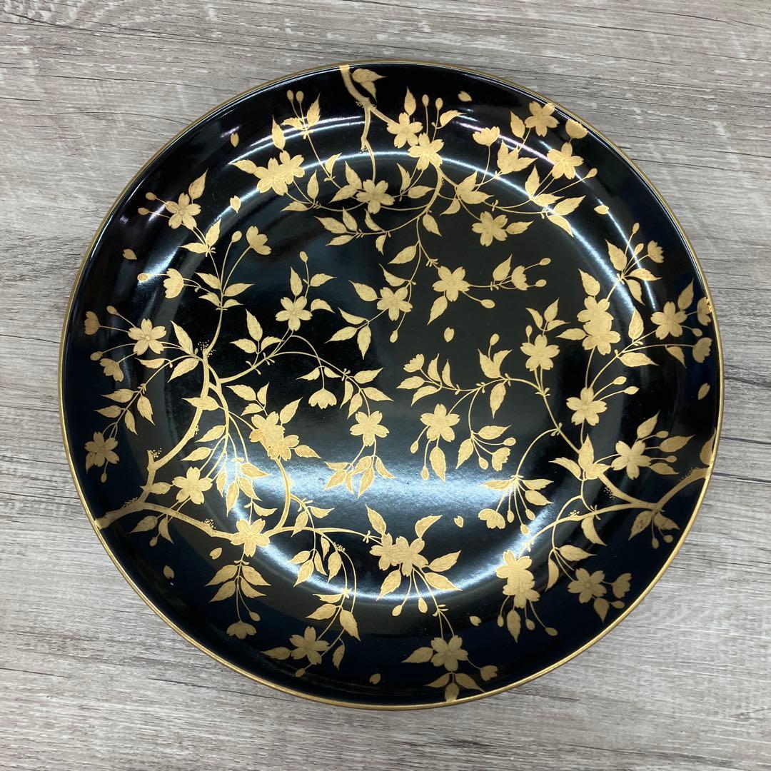 D-5 銘々皿 5枚セット 黒地 金彩 桜 漆器風 菓子皿 取り皿 銘々皿