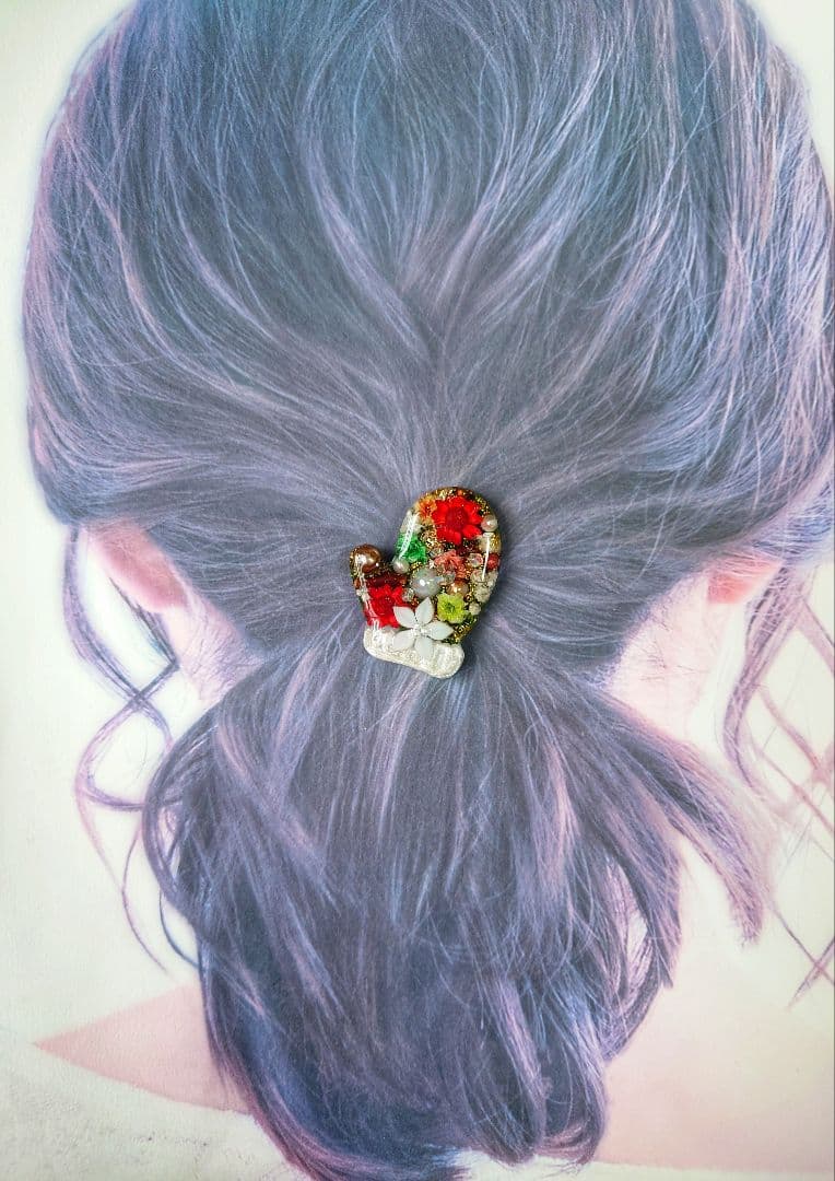 レジン　猫　ドライフラワー　ヘアゴム　ブローチ　ポニーフック　No.387