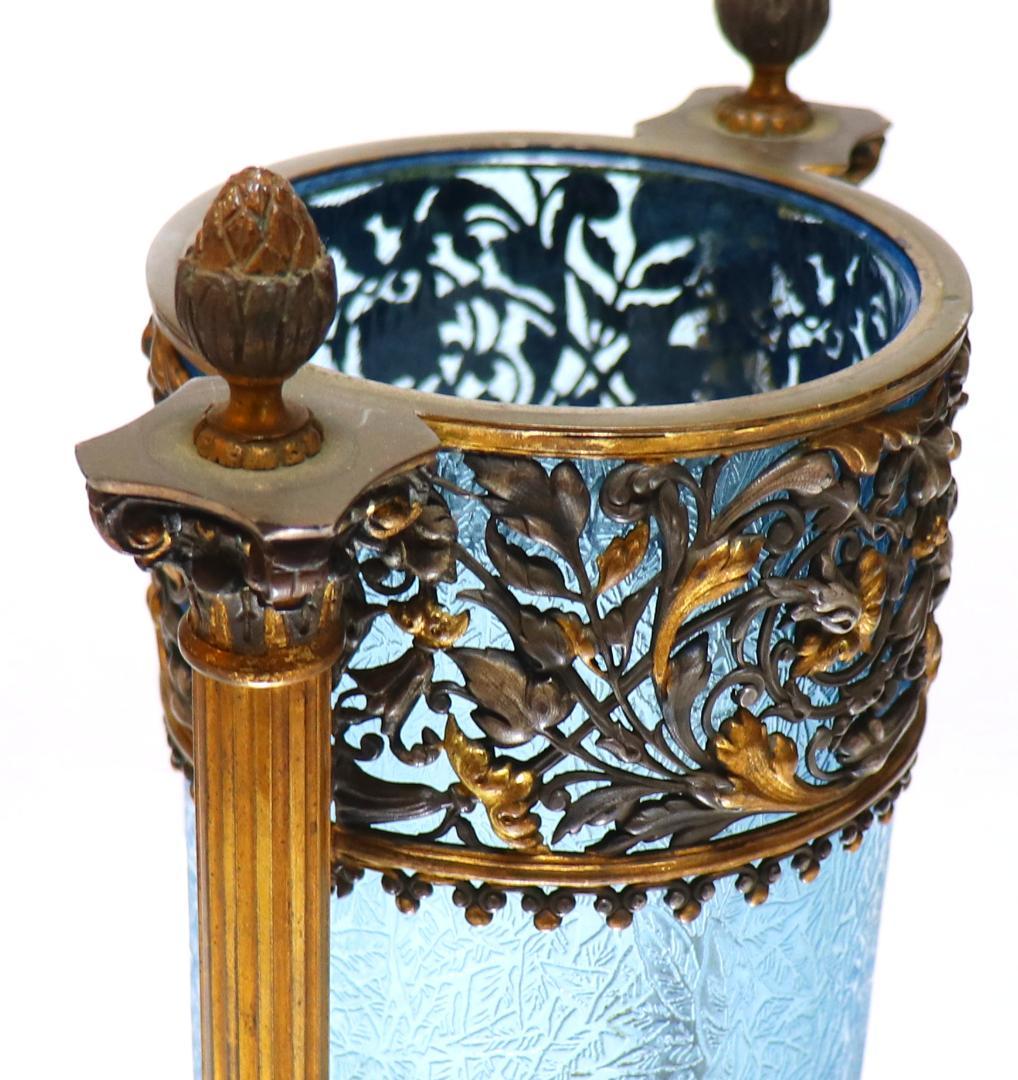 オールド・バカラ 美術館級 30.5cm 大型ブロンズ装飾建築様式 花瓶 青硝子