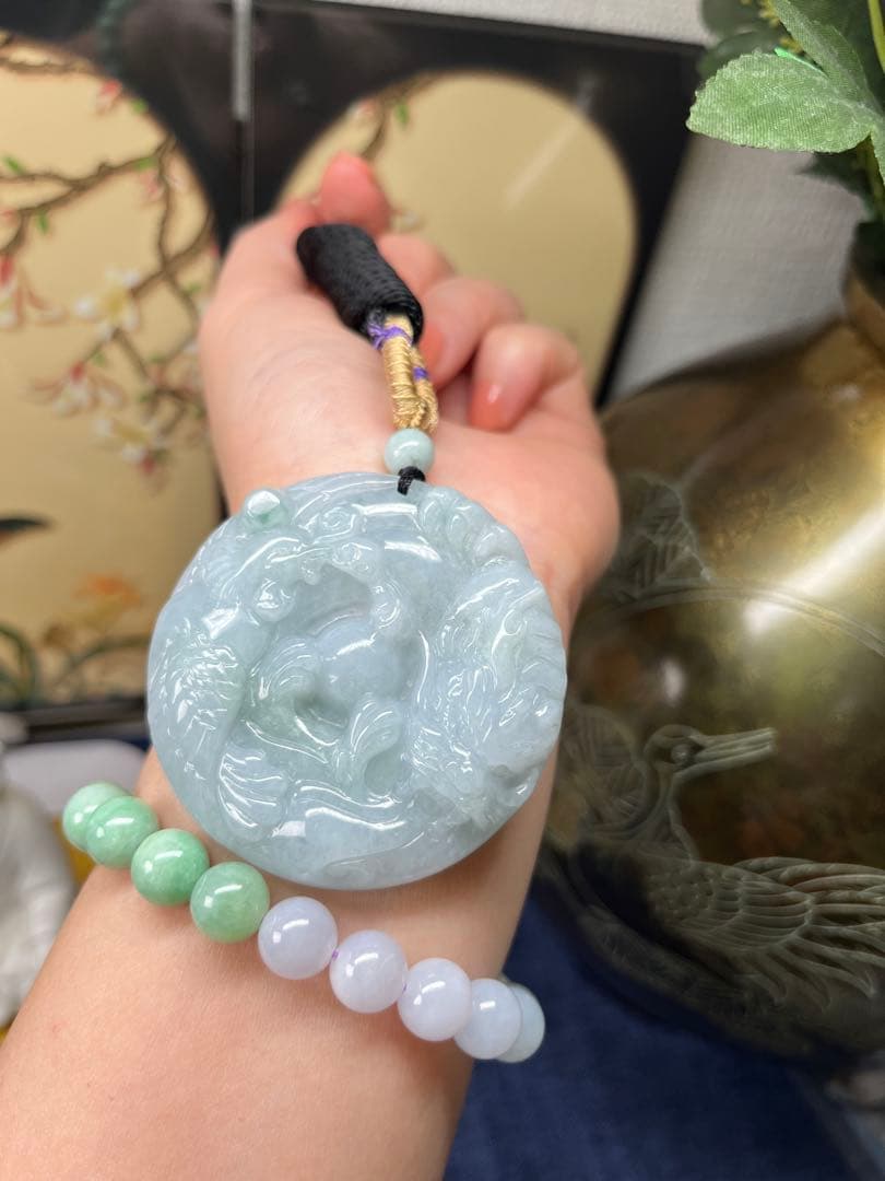 ミャンマー産天然A貨翡翠　『龍飛鳳舞』『龍鳳呈祥』ネックレス