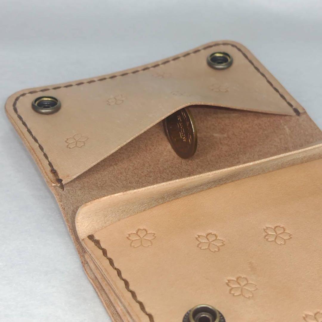 【ハンドメイド】手縫い ヌメ革 ショート トラッカーウォレット サクラ刻印