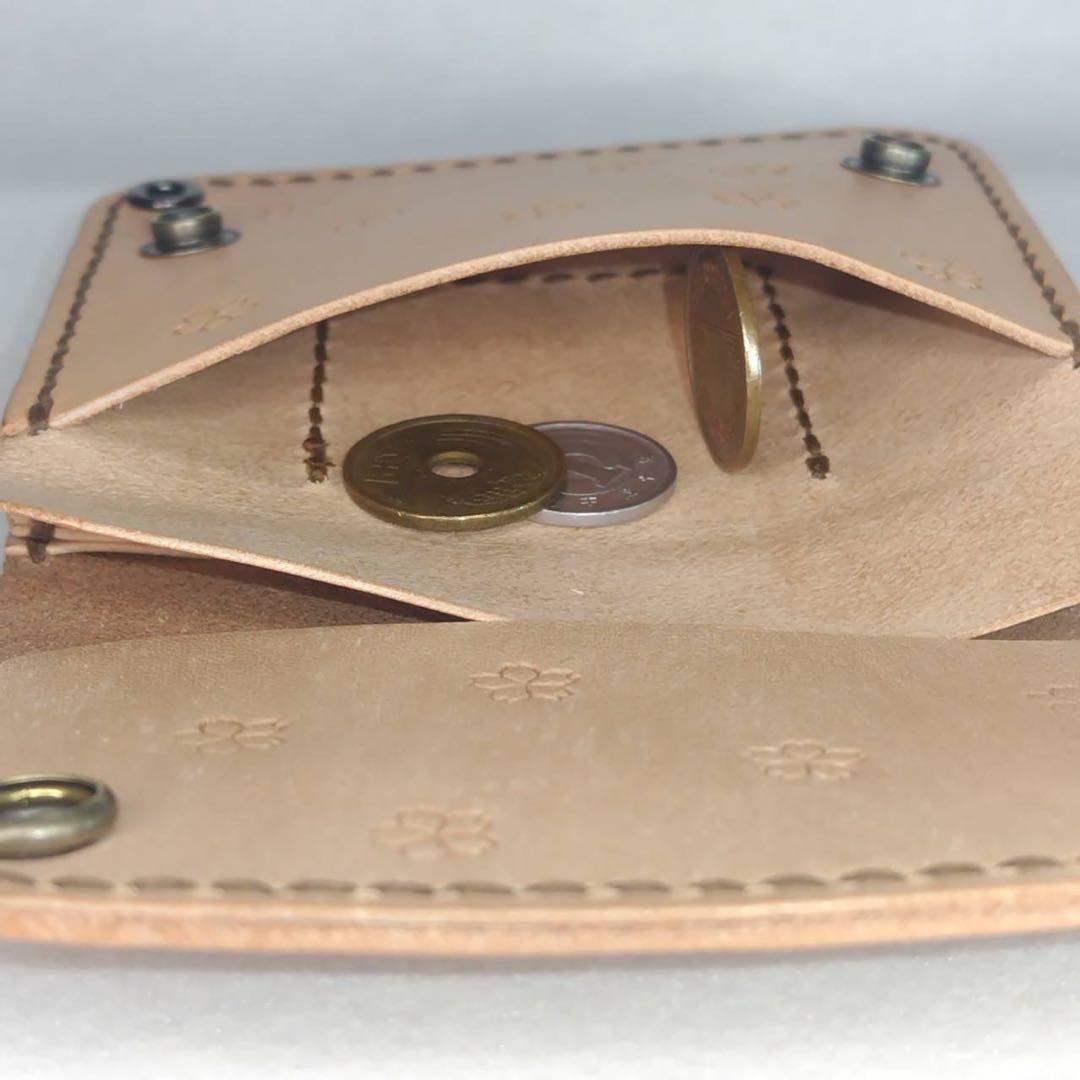 【ハンドメイド】手縫い ヌメ革 ショート トラッカーウォレット サクラ刻印