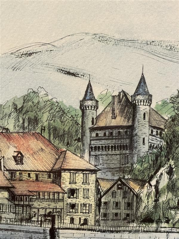 「真作」ジェームズ・フォード「教会のある通り」石版画　額装　サイン有り　AP