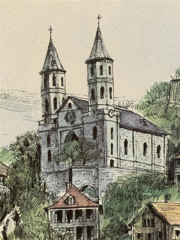 「真作」ジェームズ・フォード「教会のある通り」石版画　額装　サイン有り　AP