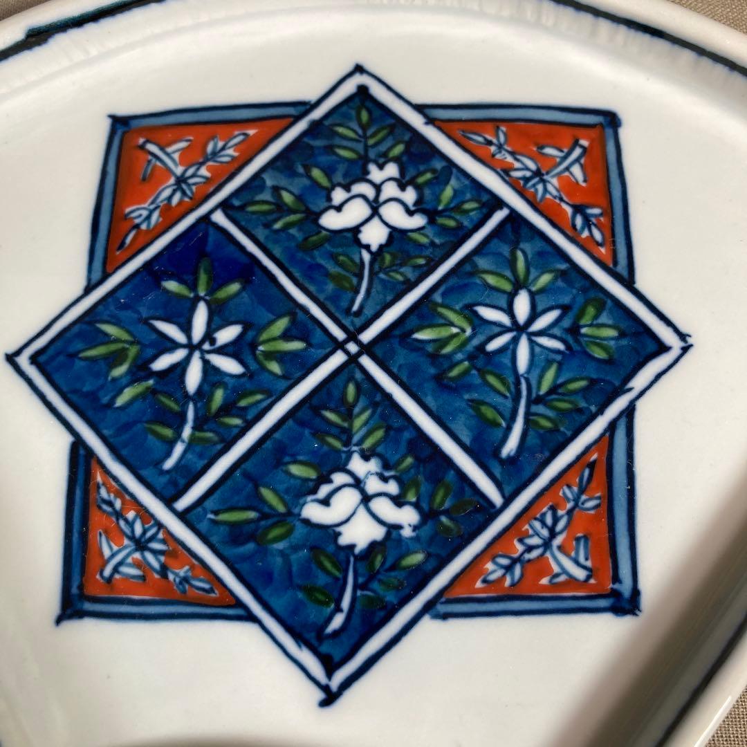 【源右衛門】古伊万里の伝統　日本の名窯　舘林源右衛門作　染錦草紋　扇面皿五枚揃