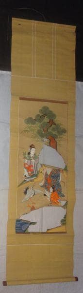 アンティーク 神社 歳徳神 正月さま 寿老人 七福神 童子 鹿 鶴 紙本 掛軸