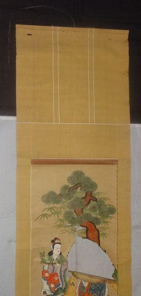 アンティーク 神社 歳徳神 正月さま 寿老人 七福神 童子 鹿 鶴 紙本 掛軸