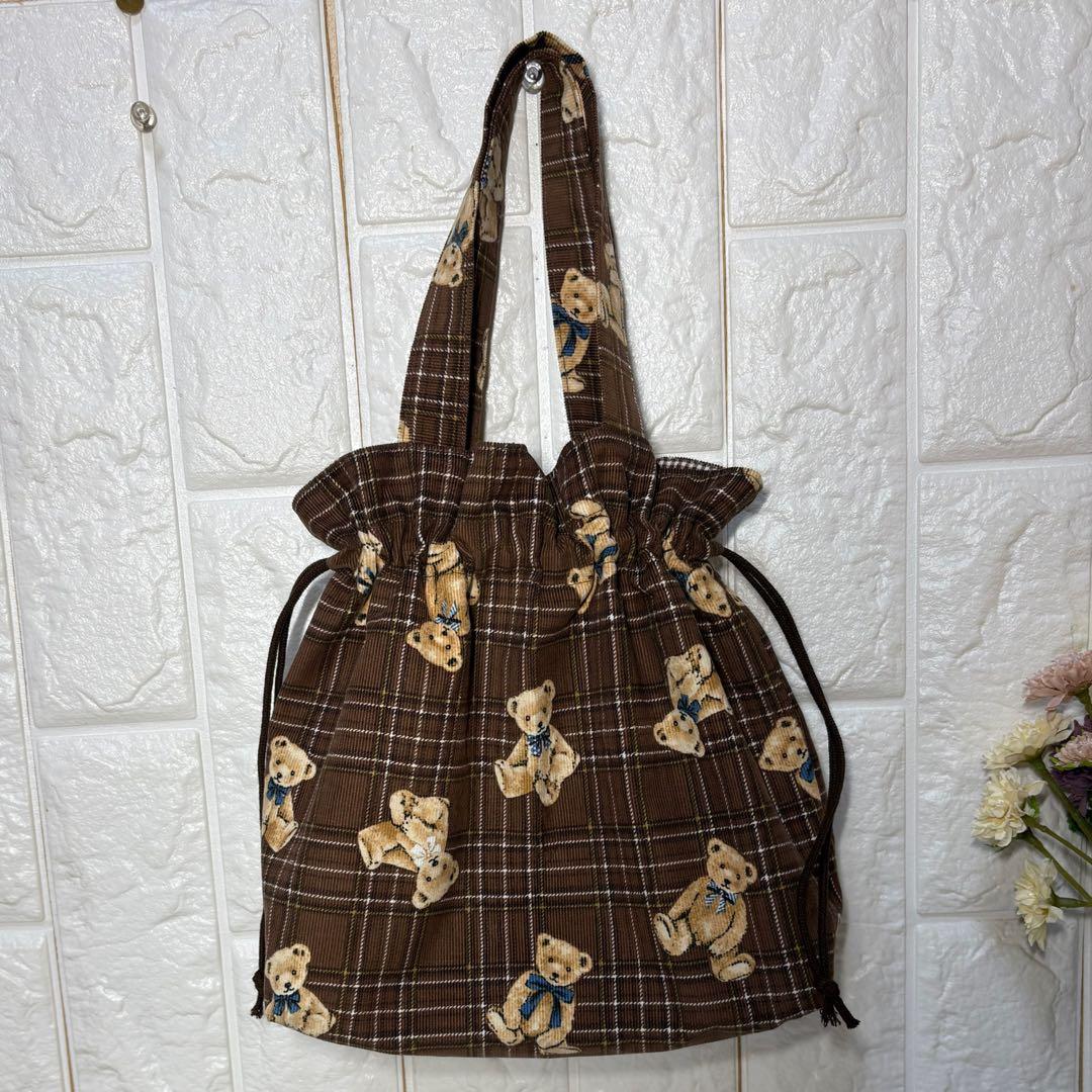 巾着トートバッグミニ　ベアチェック柄　コーデュロイ　ブラウン　ハンドメイド
