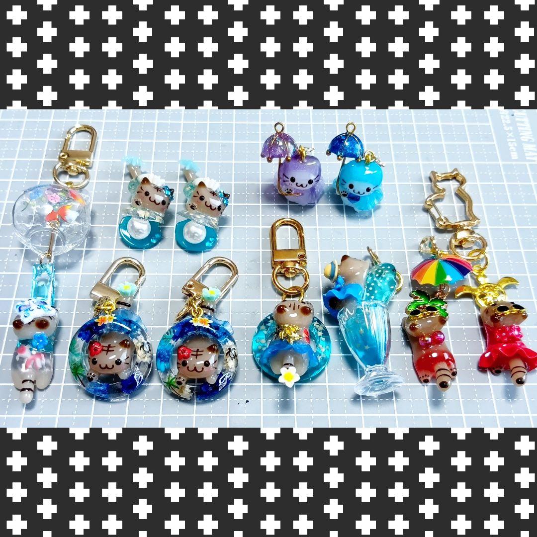 猫耳　レジン猫　風鈴チャーム　茶トラ猫　海　マリンチャーム　招き猫　てるてる坊主