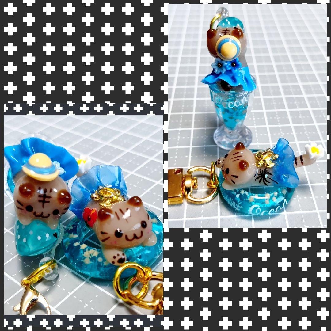 猫耳　レジン猫　風鈴チャーム　茶トラ猫　海　マリンチャーム　招き猫　てるてる坊主