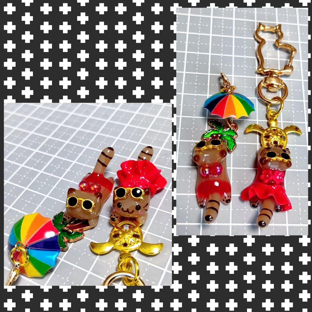 猫耳　レジン猫　風鈴チャーム　茶トラ猫　海　マリンチャーム　招き猫　てるてる坊主