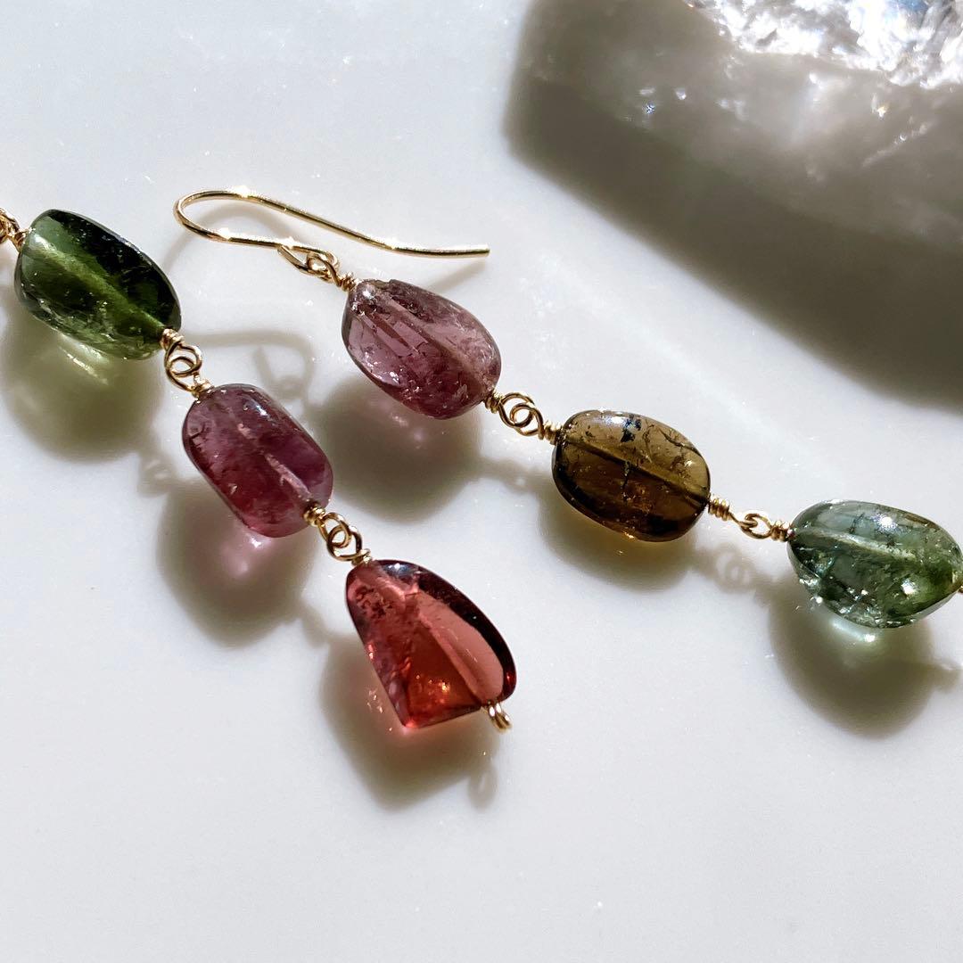 tama◆大粒マルチカラートルマリン3連ピアス✧14kgf