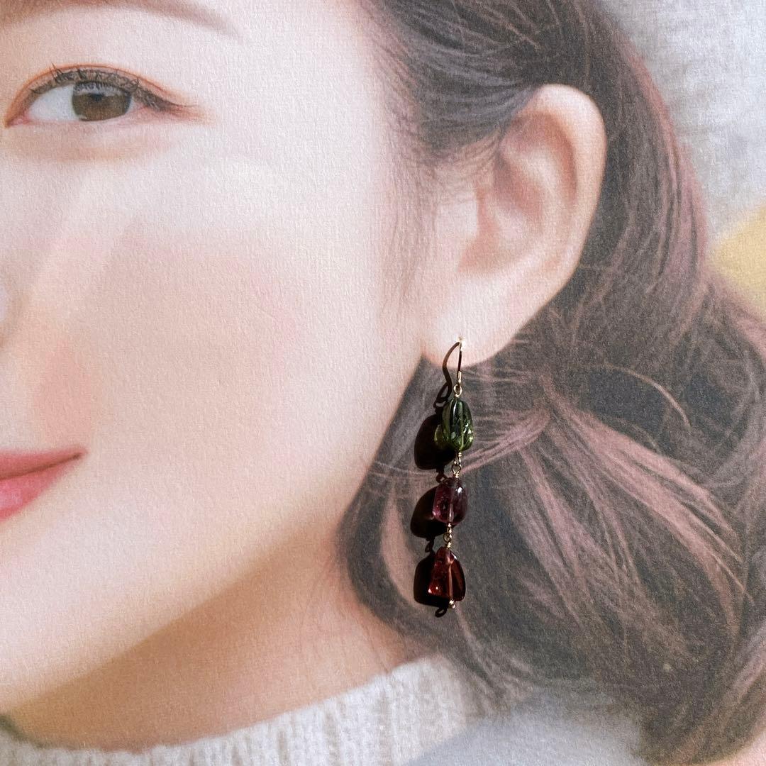 tama◆大粒マルチカラートルマリン3連ピアス✧14kgf