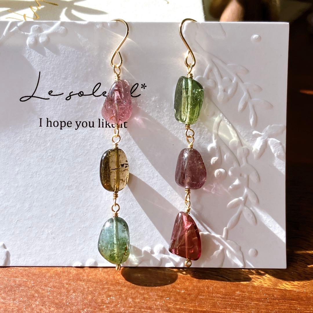 tama◆大粒マルチカラートルマリン3連ピアス✧14kgf