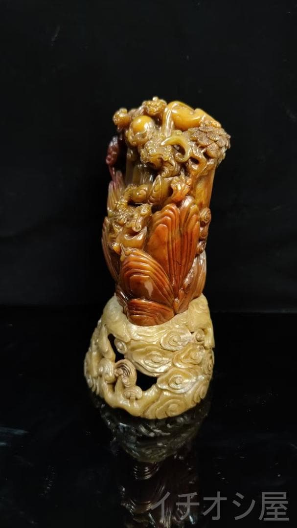瑞獣印鑑の｜寿山石・紅絡田黄の印章｜耐青作款｜天然赤紋｜細密彫｜風水置物｜書道